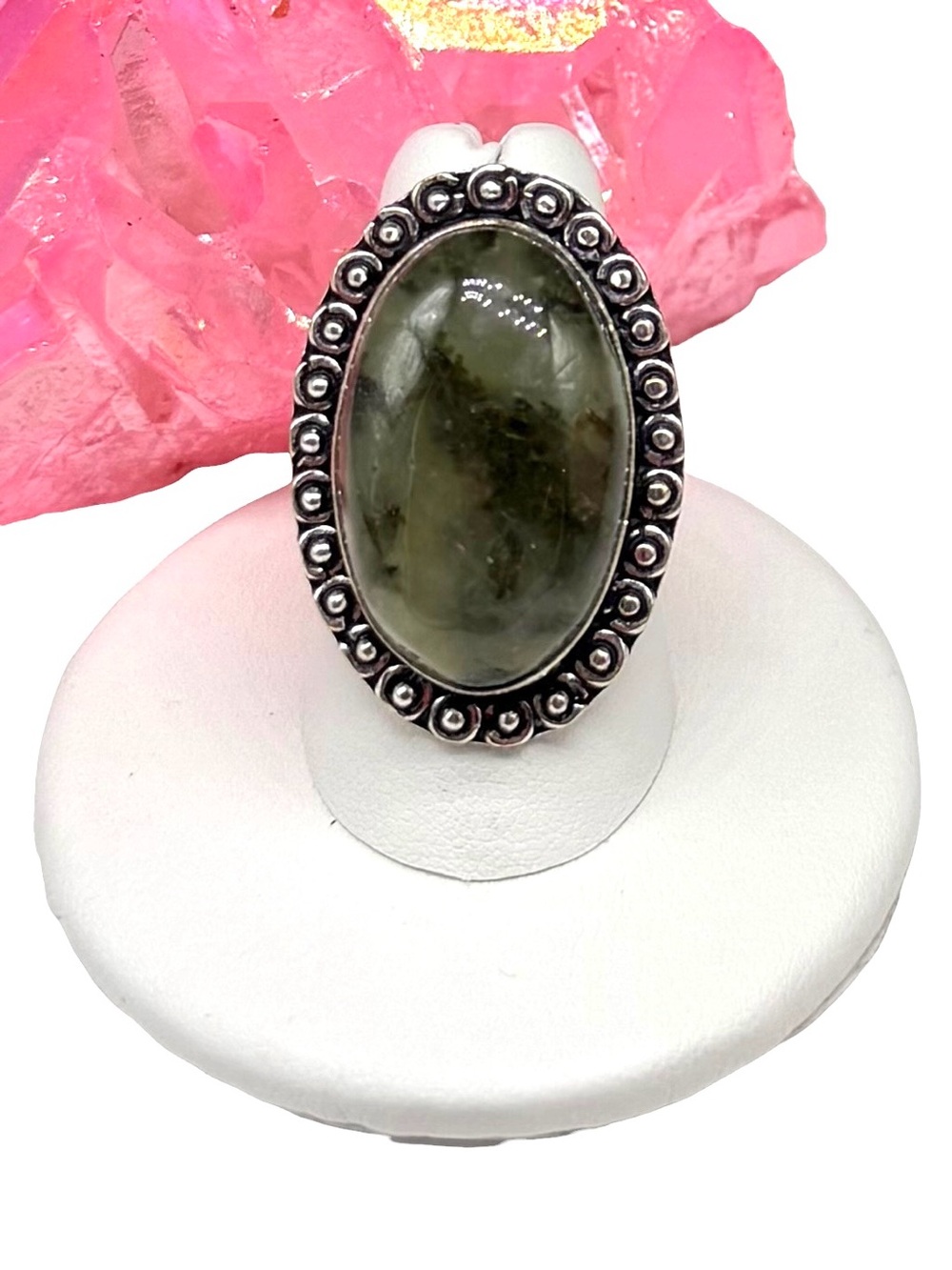 Moss Prehnite Ring Size 7 925 Sterling Silver Overlay